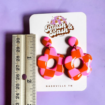 Pink and Orange Checker Print Flower Earrings